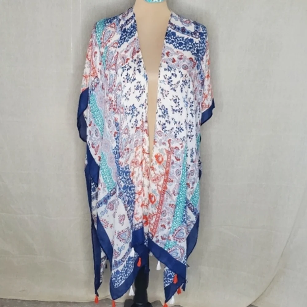 ♧ Open Patchwork Wrap with Tassels Blue Orange Teal & Cream One Size Viscose